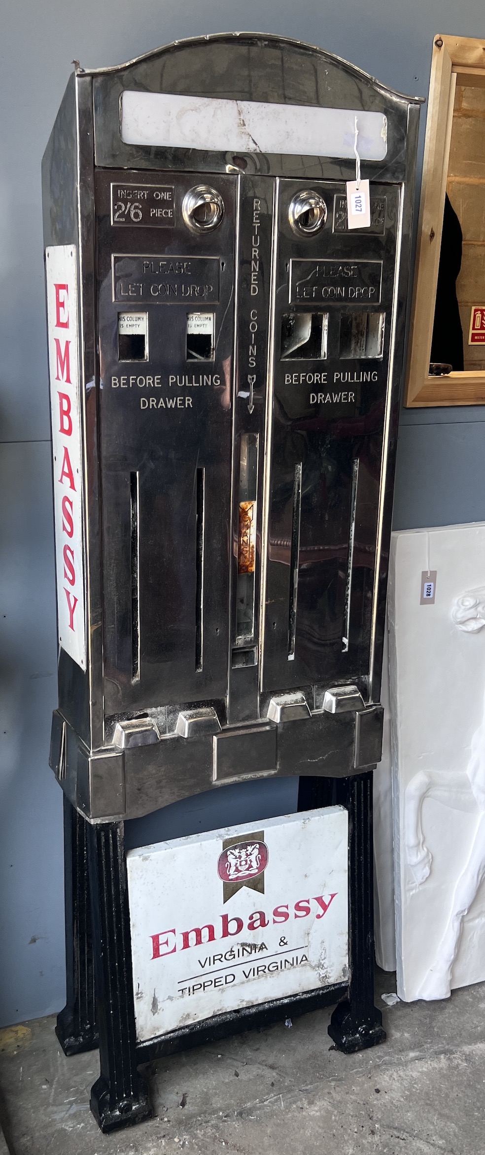 A vintage chrome Embassy cigarette vending machine, width 58cm, height 183cm